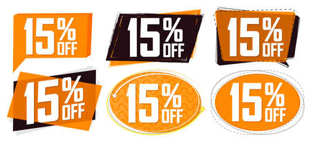 Set Sale 15% off banners, discount tags design template, promo app icons, extra deals, lowest price, vector illustrationのイラスト素材