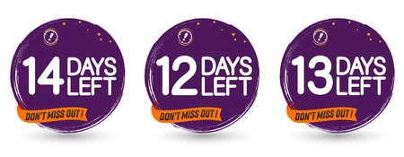 12, 13 and 14 Days Left for Sale, set countdown tags, start or to end offer, discount banners design template, app icons, don't miss out, vector illustrationのイラスト素材