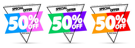 Set Sale 50% off banners, discount tags design template, special offer, end of season deal, app icons, vector illustrationのイラスト素材