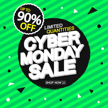 Cyber Monday Sale, discount poster design template. Deal up to 90% off. Promotion banner for shop or online store, vector illustration.のイラスト素材