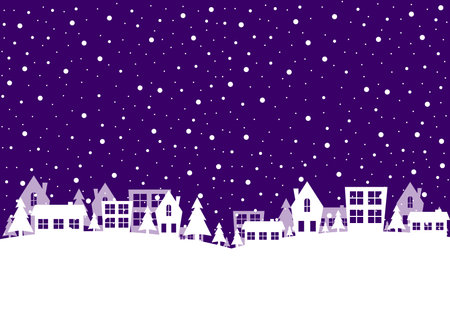 Winter landscape with houses and trees on a purple background. vector illustration.のイラスト素材
