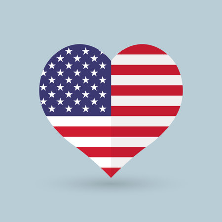 United States of America flag in heart shape on blue background, vector illustrationのイラスト素材