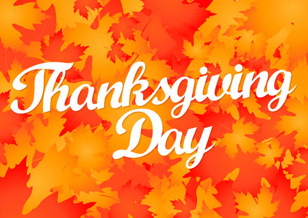 Thanksgiving day background with hand lettering and maple leaves. vector illustration.のイラスト素材