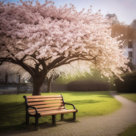 A Moment of Tranquility: A Blossom Cherry Tree in a City Park with a Bench for Relaxation. AI-generated imagesの素材