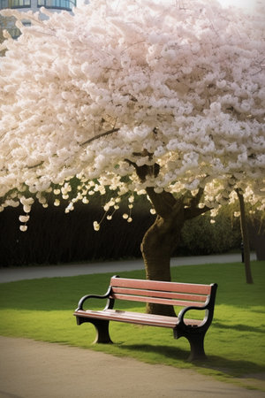 A Moment of Tranquility: A Blossom Cherry Tree in a City Park with a Bench for Relaxation. AI-generated imagesの素材