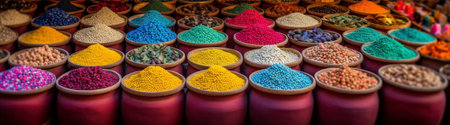 Colorful spices on a market in India. Spices and herbs. AI-generated imagesの素材