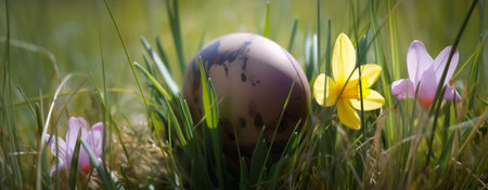 Easter egg on green grass with daffodils in the background. AI-generated imagesの素材