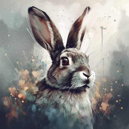 Digital painting of a hare in a meadow. hand-drawn illustration. AI-generated imagesの素材