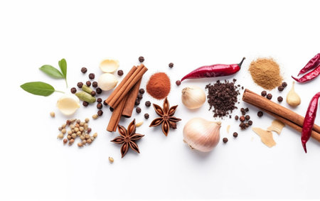 Spices and herbs on white background. Food and cuisine ingredients. AI-generated imagesの素材