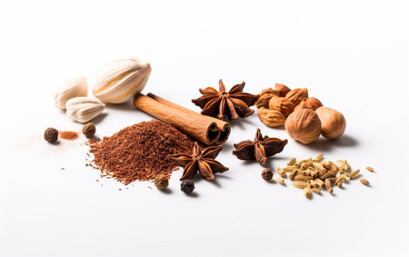 Cinnamon sticks, star anise, nutmeg and cardamom isolated on white background. AI-generated imagesの素材