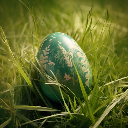 Easter egg in green grass. Vintage style toned picture. AI-generated imagesの素材