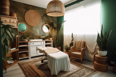 Interior of a modern beauty salon with green walls and wooden furniture. AI-generated imagesの素材