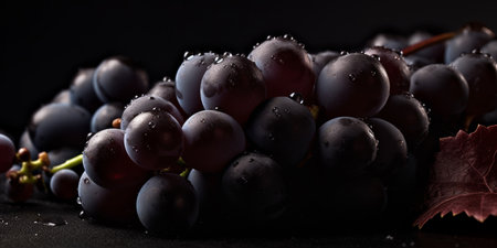 Bunch of black grapes with water drops on a black background. AI-generated imagesの素材