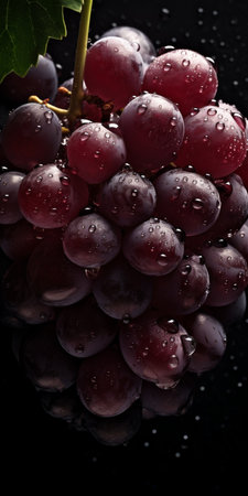 Bunch of ripe red grapes with water drops on black background. AI-generated imagesの素材
