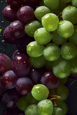 Grapes with water drops on a black background, close-up. AI-generated imagesの素材
