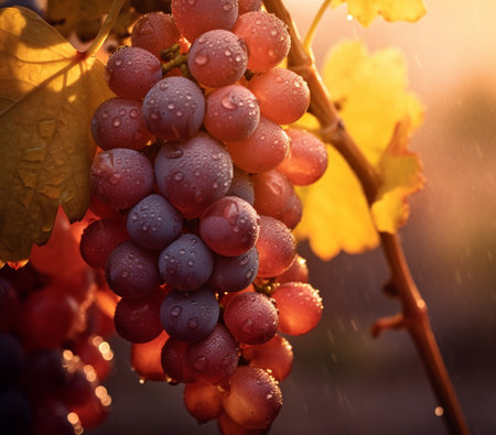 Ripe red grapes in the vineyard during the harvest season. AI-generated imagesの素材
