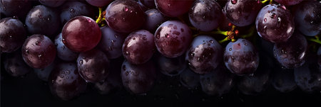 Bunch of fresh grapes with water drops on black background. top view. AI-generated imagesの素材