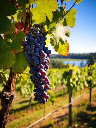 Ripe red wine grapes on vineyard in Lavaux region, Switzerland. AI-generated imagesの素材