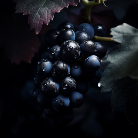 Bunch of black grapes with water drops on a dark background. AI-generated imagesの素材