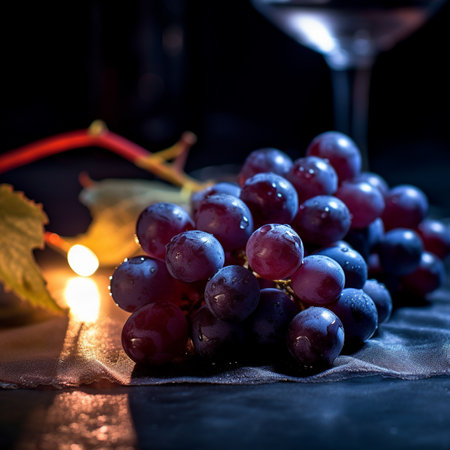 Bunch of grapes and a glass of wine on a dark background, AI-Generated Imagesの素材