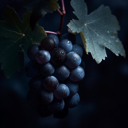Bunch of black grapes with water drops on a dark background. AI-generated imagesの素材