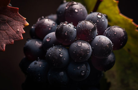 Bunch of black grapes with water drops on a dark background. AI-generated imagesの素材