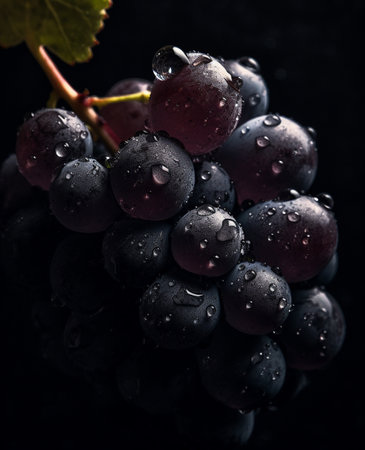 Bunch of black grapes with water drops on a dark background. AI-generated imagesの素材