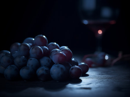 Grapes and a glass of red wine on a dark background. AI-generated imagesの素材