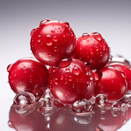 Cherries with water drops on a reflective surface. AI-generated imagesの素材