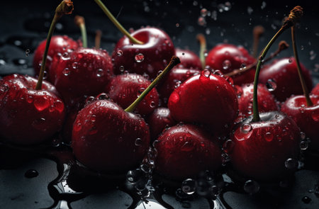 Cherries with water drops on a black background. AI-generated imagesの素材