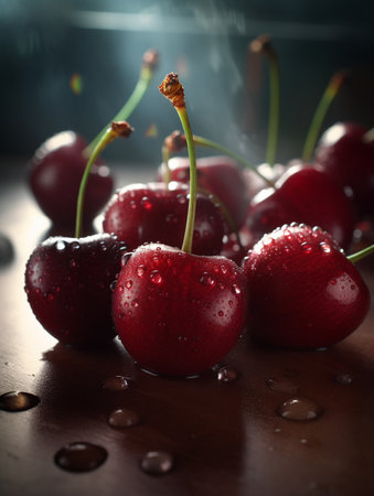 Cherries with water drops on a dark background. fresh fruit. AI-generated imagesの素材