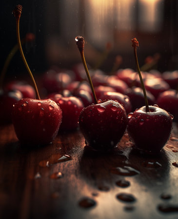 Cherries with water drops on wooden table. selective focus. AI-generated imagesの素材