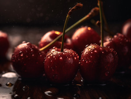 Red cherry with water drops on a wooden table. dark background. AI-generated imagesの素材