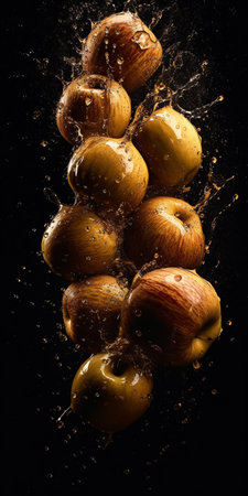 Fresh apples falling into water splashes on black background, studio shot. AI-generated imagesの素材