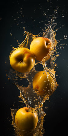 Fresh apples falling into water with splash, isolated on black background. AI-generated imagesの素材