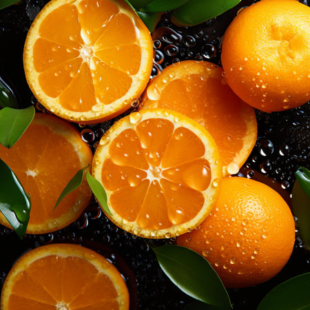 Slices of orange with green leaves on a black background. AI-generated imagesの素材