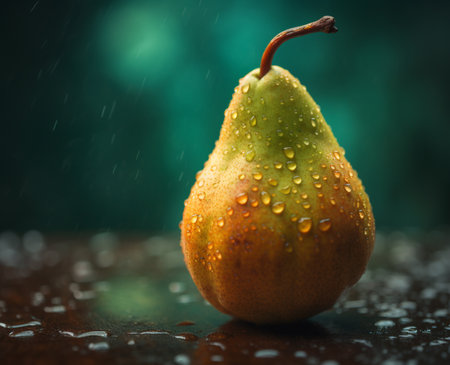 Ripe pear with drops of water on a dark background. Toned.の素材