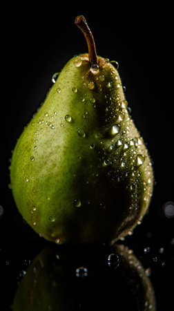 Green pear with water drops on a black background. Studio shot.の素材
