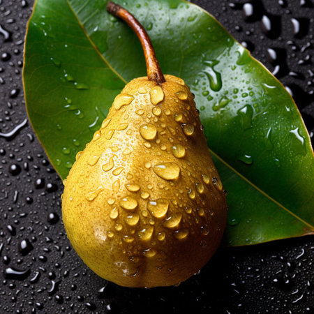 Ripe yellow pear with water drops on a black background closeupの素材