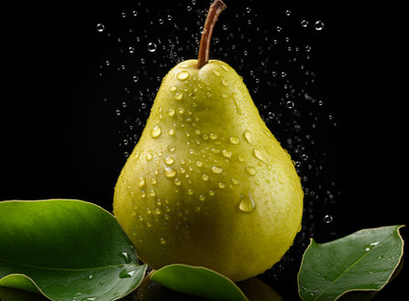 pear with water drops on a black background, close-upの素材