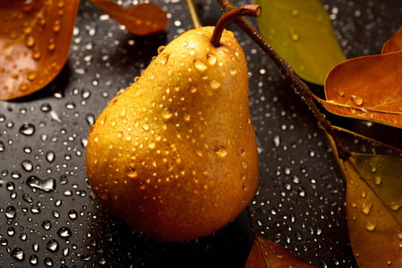 Ripe pears on a black background with water droplets.の素材