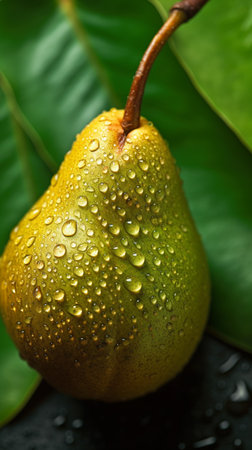 Ripe pear with water drops on green leafs, closeupの素材