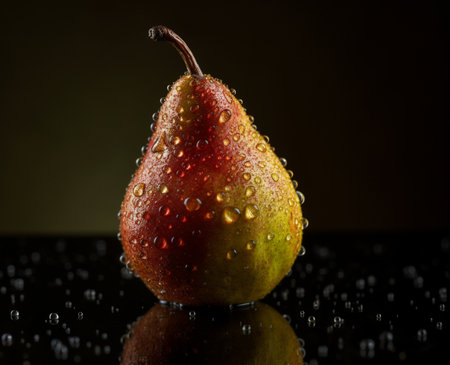 Ripe pear with water drops on a dark background. Selective focus.の素材