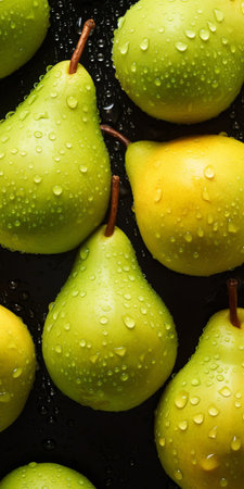 Fresh pears with water drops on black background, top view.の素材