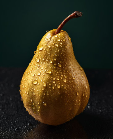 ripe pear with water drops on a dark background.の素材