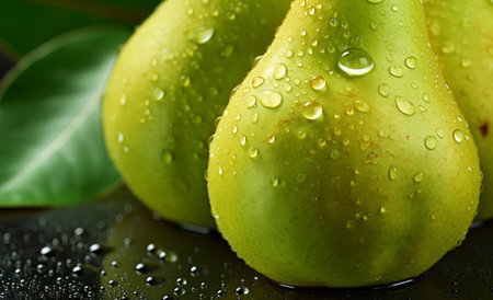 Green pears with drops of water on a black background close upの素材