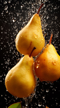 Fresh pears falling into water with splash on black background, closeupの素材