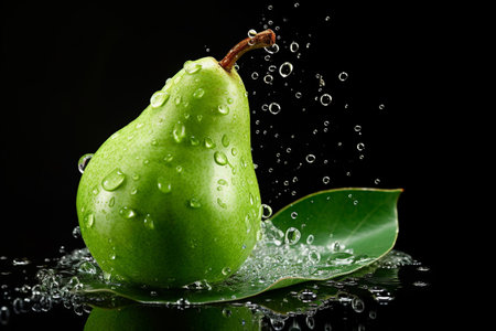 Green pear with water drops isolated on black background.の素材
