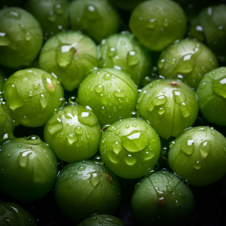 Green gooseberry with water drops close-up. Natural background.の素材