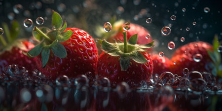 Strawberries in water with drops of water on a dark backgroundの素材